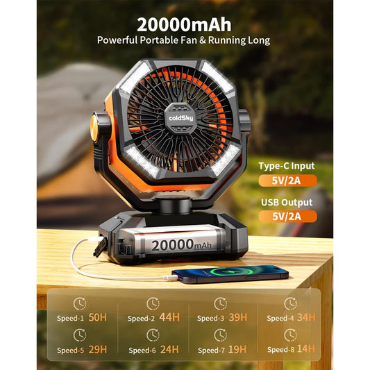 20000mAh Battery Camping Fan with 4 LED Lantern 8 Speeds Desk Fan Portable Outdoor Fan for Outdoor Camping Tent and Fishing