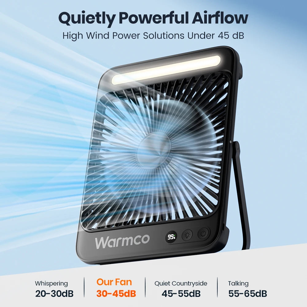 Warmco D4 Portable Desk Fan Rechargeable 20000mAh Camping Fan with Light,48Hrs Run Time 8" Silent Personal Fan Digital Display