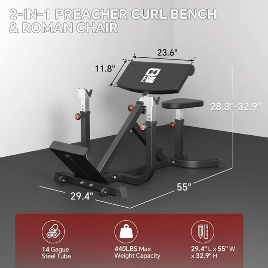 2-IN-1 Preacher Curl Bench Hyperextension Roman Chair, Adjustable Strength Training Sit Up Gym Bench for Biceps Curl